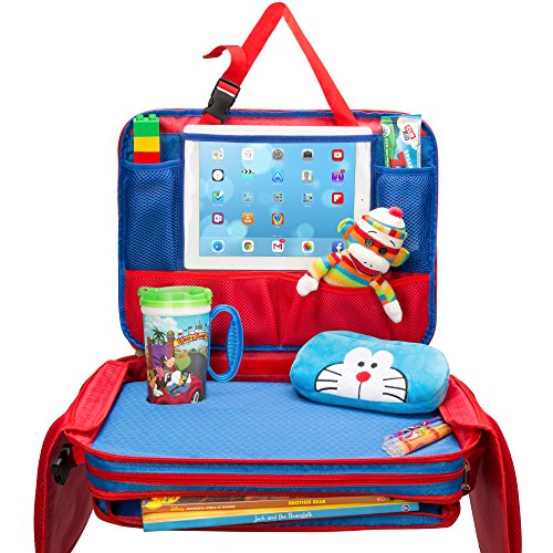 Kids Play Tray - Car Organizer and Bag - 3 in 1 Travel Activity Station - Large Size- Water-Proof Nylon - With Cup Holder- Tablet IPad Viewer and Compartments - by TravelMe - Blue & Red