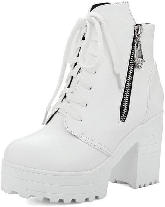 AllhqFashion Women's Low-top Zipper Soft Material High-Heels Round Closed Toe Boots, White, 35