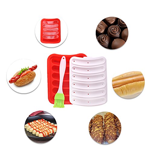 6 Cavities Sausage Hot Dogs Silicone Mold DIY Handmade Hamburger Pan, DanziX Molds for Ice Cube Tray Bread Candy Jelly Chocolate and Cake - Red