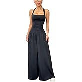 OYOANGLE Women's Sleeveless Wide Leg Jumpsuits Tie Backless Ruched Halter Long Pants Romper