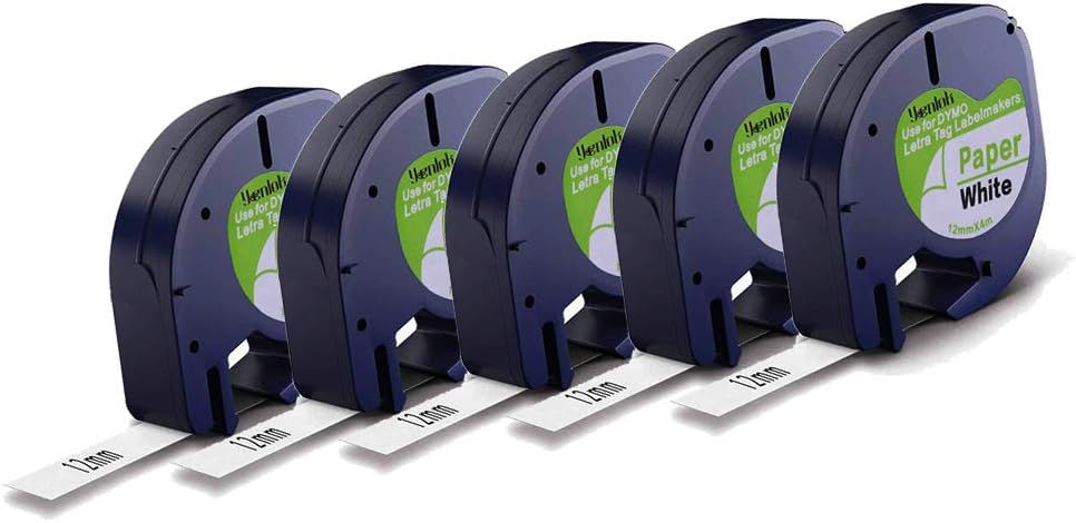 5 Pack Dymo LetraTag Plastic Label Tape 91200 91220 White Paper, 12mm x 4m Roll, Replacement Cassette for LT-100H LT-100T QX50 Label Makers