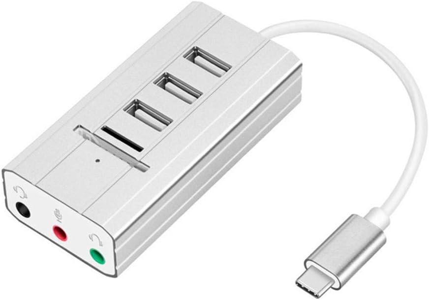 Pandiki USB Hub Sound Cards Audio Output Type C Adapter USB Splitter External Sound Card PC Laptop SD TF Card Reader, silver, 39.4 * 20.4 * 80mm