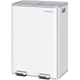 SONGMICS Trash Can, 2 x 8 Gallon (2 x 30 L) Dual-Compartment Garbage Can with Soft-Close Lid, Pedal and Inner Buckets, Stainless Steel, Includes 15 Liner Bags, Matte White ULTB741W01