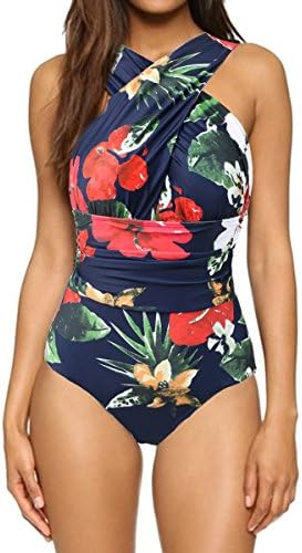 UNIMONG Women's Bathing Suit Front Criss Cross Ruched Backless One Piece Swimsuit XX-Large Flower