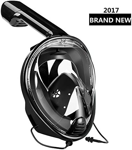180 °Snorkel Mask Easy Breathe, Full Face Diving Mask Anti-Fog Anti-Leaking with Earplugs,Compatible GoPro Camera,HD Large Field View More Larger Area Landscape for Adult and Kids(Black, S/M)