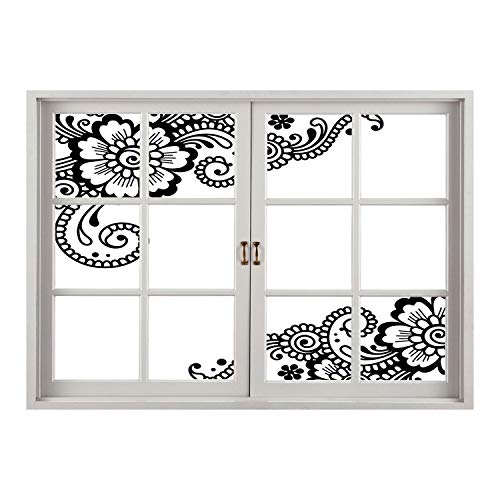 SCOCICI Window Frame Style Home Decor Art Removable Wall Sticker/Henna,Floral Corner Ornaments with Swirls and Blossoms Monochrome Folkloric Inspirations Decorative,Black White/Wall Sticker Mural
