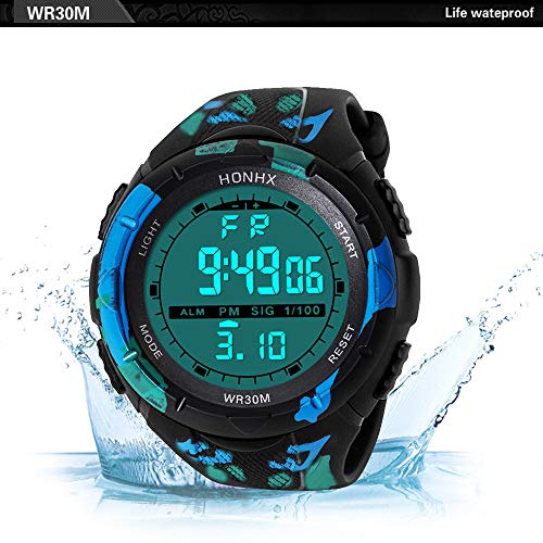 Mens Military Watch Stopwatch,Fashion Waterproof Men's LCD Digital StopWatch Date Rubber Sport Wrist Watch(Blue)