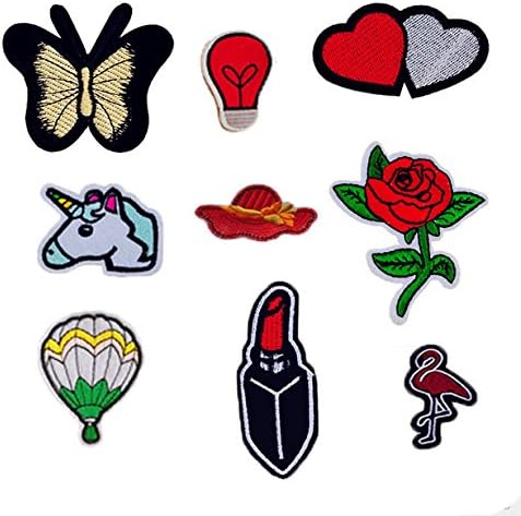 9pcs/lot Cloth Patches Garment Applique DIY Decoration Accessories Iron On Embroidered Patch Set- Butterfly Bulb Love heart Horse Hat Red Rose Hot Balloon Lipstick Flamingo Elements Patch