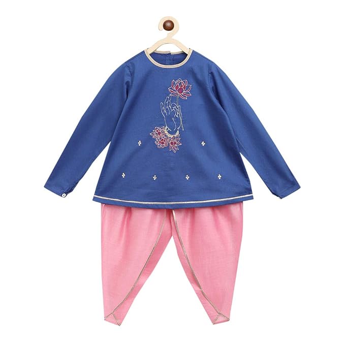 Tiber Taber By Hopscotch Girls Cotton Tiber Taber Kurta Set Divine Hand in Blue Color