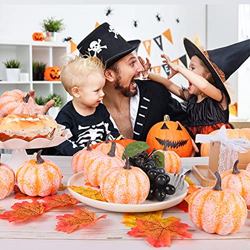 FUTUREPLUSX Artificial Mini Fake Pumpkins, 12PCS Mini Fake Pumpkins with 30PCS Lifelike Maple Leaves Artificial Vegetables for Fall Halloween Thanksgiving Kitchen Decorations