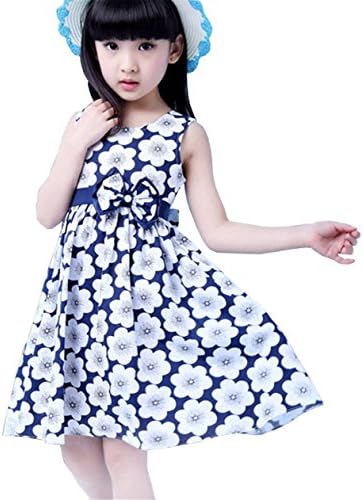 Lymnshi Girls Summer Sleeveless Flower Print Casual Dress with Bowknot 2-6 Years White Flower 120