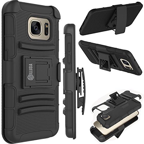 Samsung Galaxy S7 ILLUSIA Black Rugged Double Layer Armor Kickstand Cover Case With Holster for Samsung Galaxy S7 (S7 Armor Black )