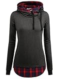 DJT Women's Funnel Neck Check Contrast Pullover Hoodie Top Large Dark Grey
