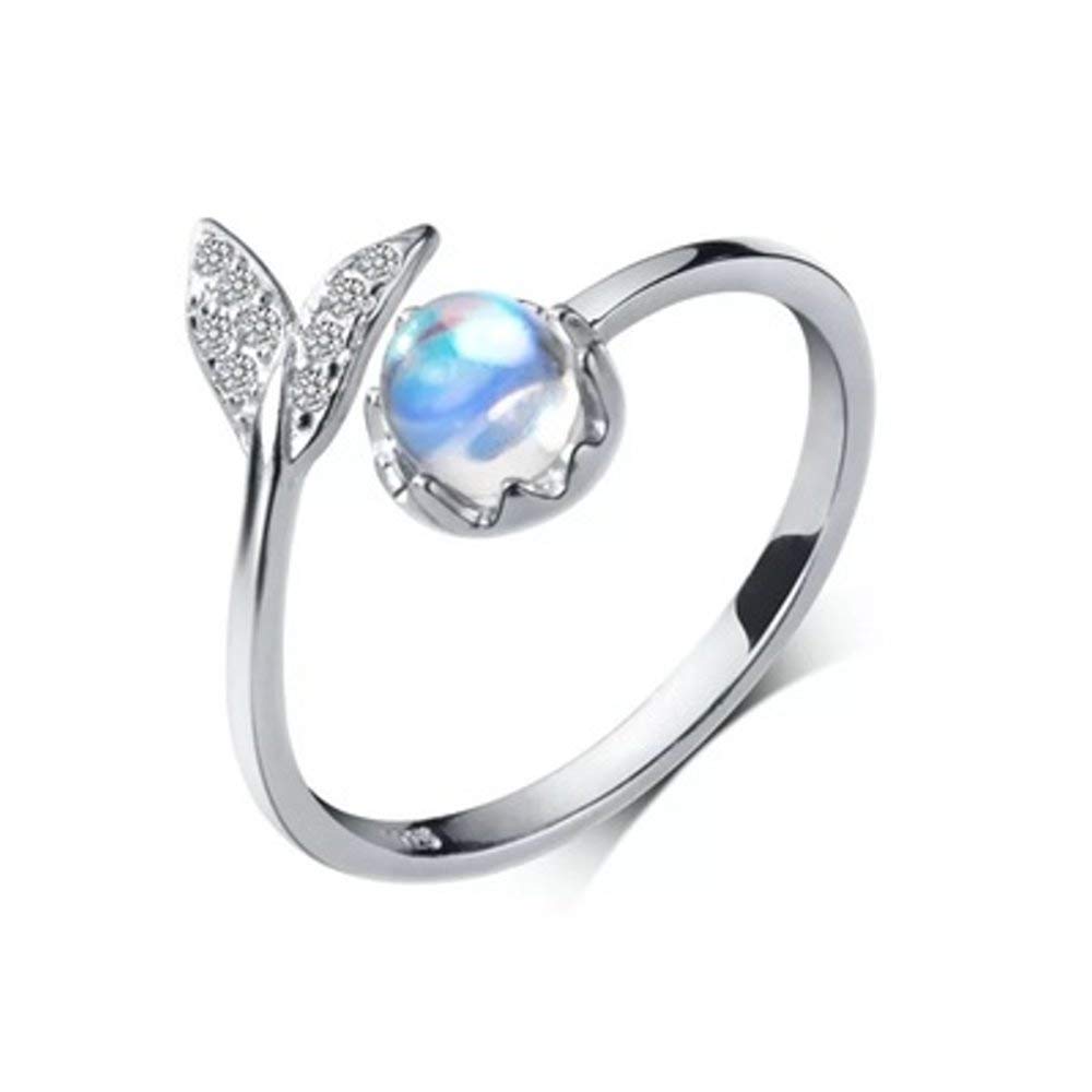 Blue Moonstone Mermaid Tail Open Ring for Women, Adjustable Sterling Silver 925 Wrap Finger Band with CZ Accents, Ocean Themed Engagement Jewellery for Women