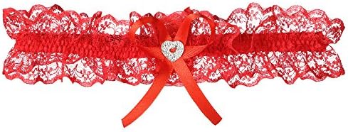 Bridal Lace Wedding Garter with Rhinestone Heart - Sexy Garters for Prom, Homecoming Party (XS-S, Red)