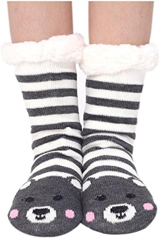 Marlong Womens Warm Soft Cute Cartoon Animals fuzzy Cozy Non-Slip Winter Indoor Slipper Socks, 02 Bear, One Size