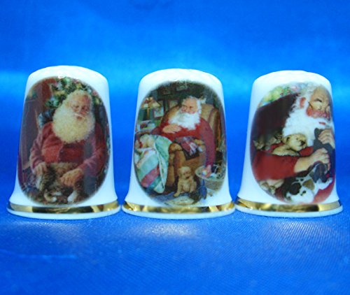 Birchcroft Porcelain China Collectable - Set of Three Thimbles - Santa Claus and Pets