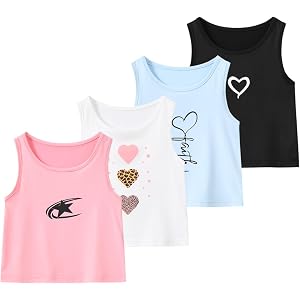 Fdqin Girls Tank Tops Racerback Crop Top Casual Cute Graphic Print Shirts | 4 Piece,Sleeveless,Crewneck,Lightweight,Heart Pri