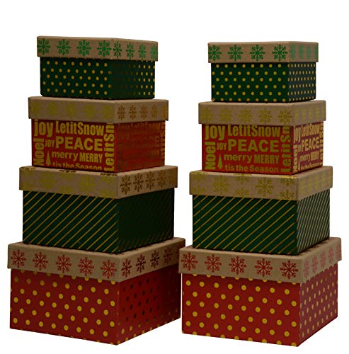 Wrap N Roll Christmas Nested Gift Box Set of 8 Square Boxes in Assorted Colors with Lids, Hot Stamp for Gift Giving On Holiday and Party Favors