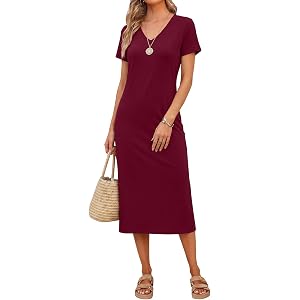 Humordream Womens Summer Casual T Shirt Dress Short Sleeve V Neck Sundress Midi Dresses Beach Vacation