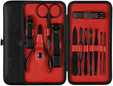 Euryno Professional Stainless Steel Black Polishing Nail Clipper Travel & Grooming Kit Nail Tools Manicure & Pedicure Set of 12 pcs with Case (Red)