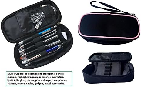 RW Collections Pencil Case, Protective Organizer Pouch Bag Purse with Zipper Pull Removable Wristlet Strap (Black/Pink)