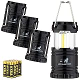 MalloMe LED Camping Lantern Flashlights 4 Pack - Super Bright - 350 Lumen Portable Outdoor Lights with 12 AAA Batteries (Black, Collapsible)