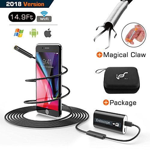 Endoscope Borescope Inspection Camera Snake Camera Wireless WiFi Waterproof with 24” Flexible Grabber Pick-up Tool 4 Finger Claw Retriever 720P HD 2.0 MP for Android,IOS,iPhone 14.9 FT (5M) (Black-5M)