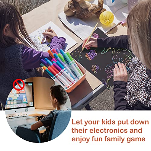 Cupohus Rainbow Scratch Art 80 Piece Set for Kids, 50 Sheets 5’’ x 7’’ Magic Scratch Off Paper with 20 Sheets Envelopes, 4 Stencils, 5 Scratcher Sticks, and 1 Cleaning Brush