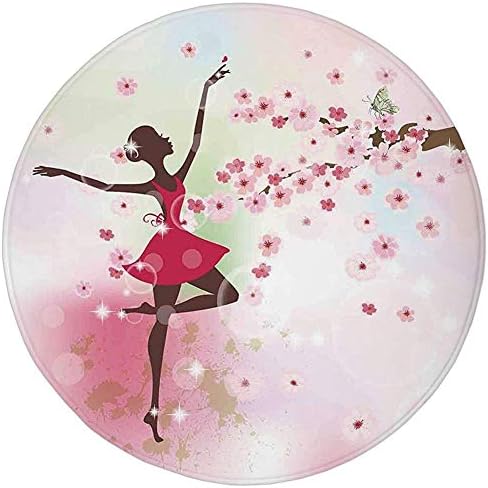 Round Rug Mat Carpet,Kids Room,Ballet Butterfly Fairy Ballerina Princess Dancer Flowers Tree Branch Floral Girls Party Print Decorative,,Flannel Microfiber Non-slip Soft Absorbent,for Kitchen Floor Ba