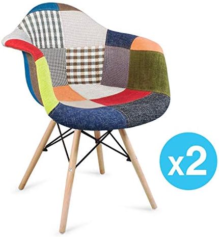 LLYU Dining Room Wooden Patchwork Armchair,Kitchen Breakfast High Backrests Soft Retro Fabric Chair with arm living roomSimple and creative fashion casual fabric dining chair(2 sheets)