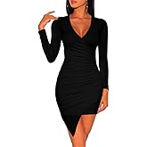 ZileZile Women's Sexy Bodycon Long Sleeve Ruched Deep V Neck Wrap Club Mini Dress