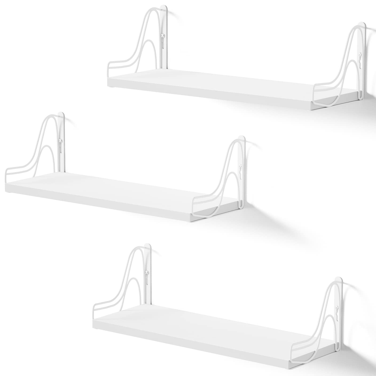 SRIWATANA Large Floating Shelves for Wall Book Shelf Set of 3 with 43.5cm Length, Modern Display Shelves for Bedroom, Kitchen, Bathroom, Living Room and More, White