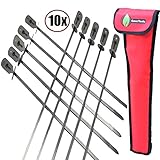 Cave Tools BBQ Skewers Set (10) - Extra Long 17.3 INCH SHISH Kabob - Flat Stainless Steel Wide Metal Barbecue Cooking Sticks with Food Removal Ring and Canvas Storage Case for Hanging on Grill