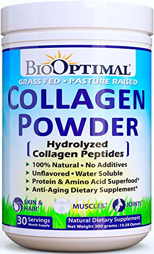 BioOptimal Collagen Powder, Collagen Peptides Grass Fed, Non-GMO Premium Quality Hydrolyzed Collagen Protein, Pasture Raised, Dissolves Easily, 300 Grams