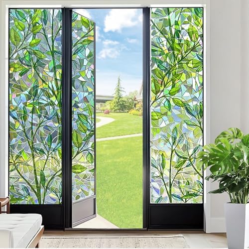 KOWVOWZ 3D Stained Glass Privacy Window Film, Green Leaves Door Film, UV Sun Blocking Window Films, Reusable 3D Decals Non-Adhesive Window Vinyl Stickers for Living Room Kitchen Office (44.5x200cm)
