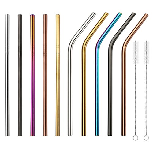 Set of 10 Extra Wide Stainless Steel Straws,Multi-Color 9.5 Inch and Dia 8mm Reusable Drinking Straws With 2 Brushes and Carry Bag,Metal Straw for Party,Tumblers,Bevarage,Smoothie,Bubble Tea Milkshake