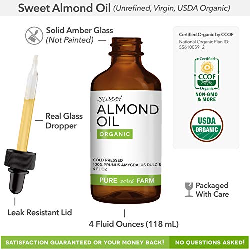 Sweet Almond Oil for Skin and Hair by Pure Acres Farm. USDA Certified Organic, Cold Pressed, 100% Unrefined, Hexane Free. Therapeutic Massage Carrier Oil for Face, Body (4oz)