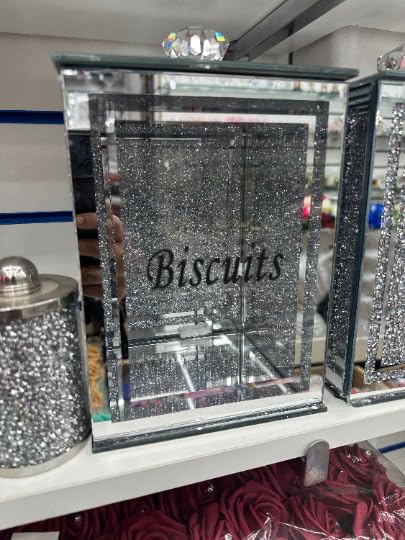 CMK Silver Crushed Diamond Biscuit Canister Jar Tin Kitchen Storage Silver Trimmings Crystal Filled Square