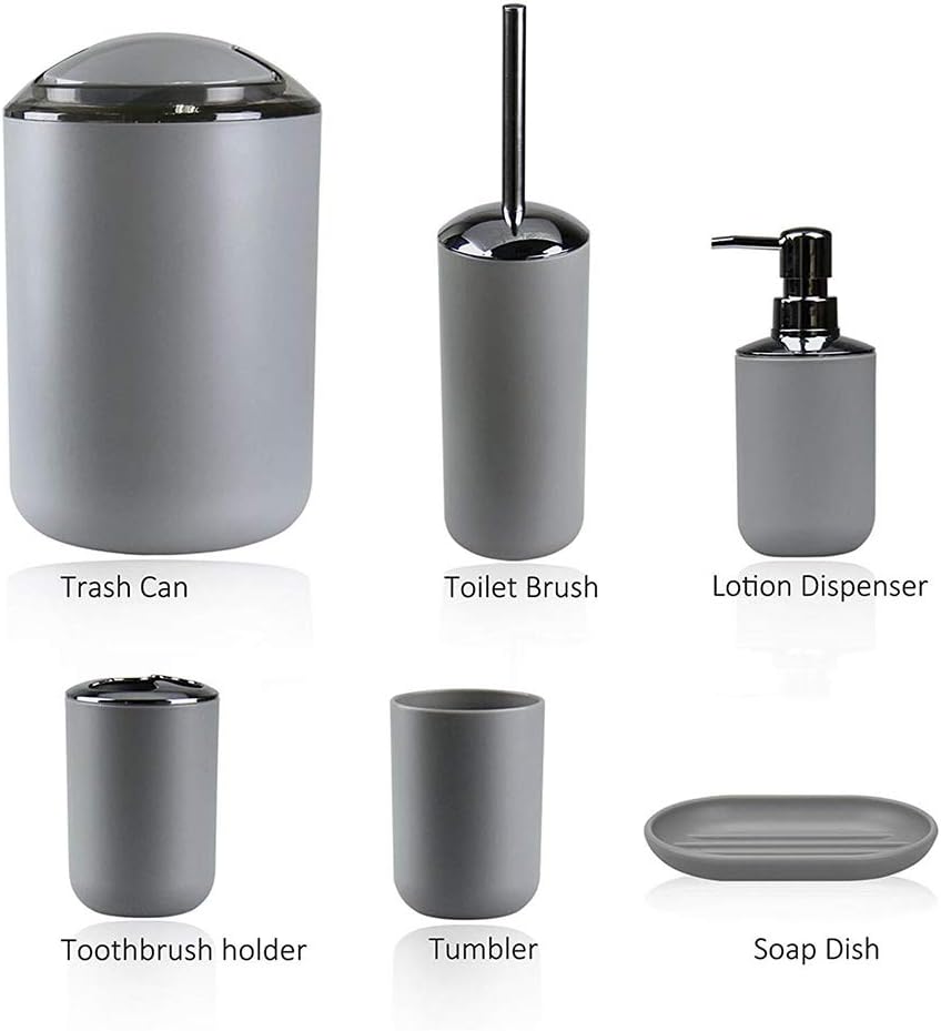 IMAVO Bathroom Accessories Set,6 Pcs Plastic Gift Set Toothbrush Holder,Toothbrush Cup,Soap Dispenser,Soap Dish,Toilet Brush Holder,Trash Can,Tumbler Straw Set Bathroom (Grey): Home & Kitchen