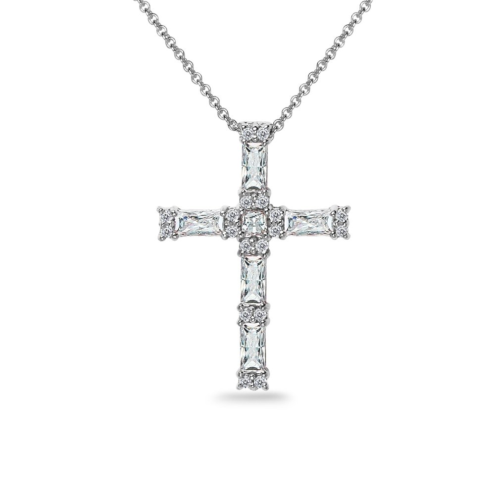 B. BRILLIANTSterling Silver Baguette-cut AAA Cubic Zirconia Cross Necklace Made for Women