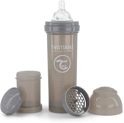 Biberon Anti-Colique 330 ml avec Récipient à Lait en Poudre et Mélangeur – Tétine en Silicone Débit Rapide – Sans BPA – Idéal pour Bébé dès 4 Mois – Gris