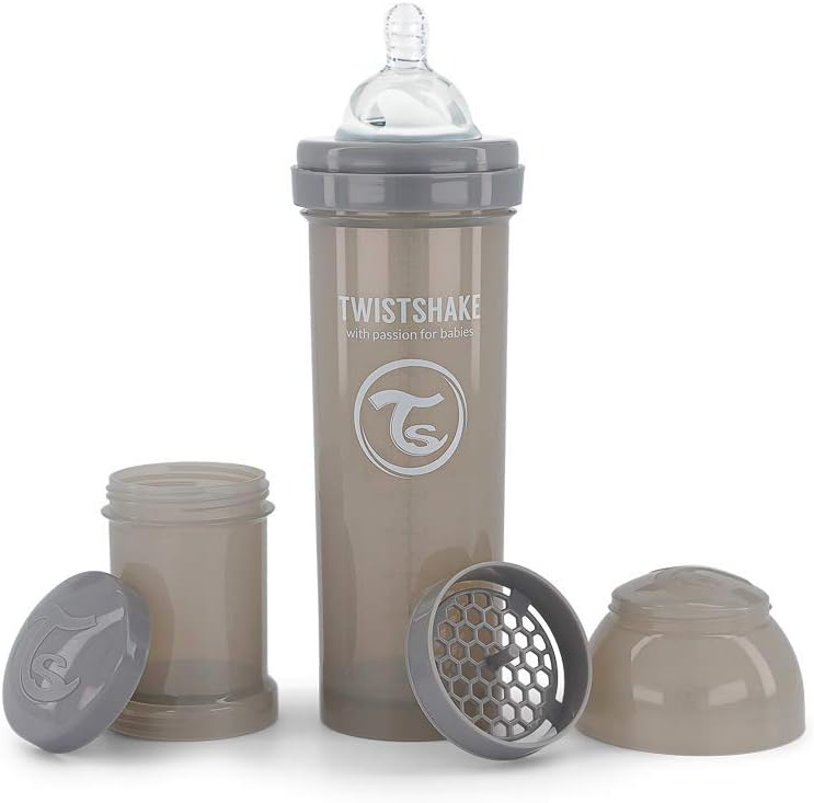 Biberão Anti-Cólicas com recipiente de leite e agitador, 330ml | Forma mamária em silicone de fluxo rápido | Livre de BPA | Para bebés com mais de 4 meses | Cinzento