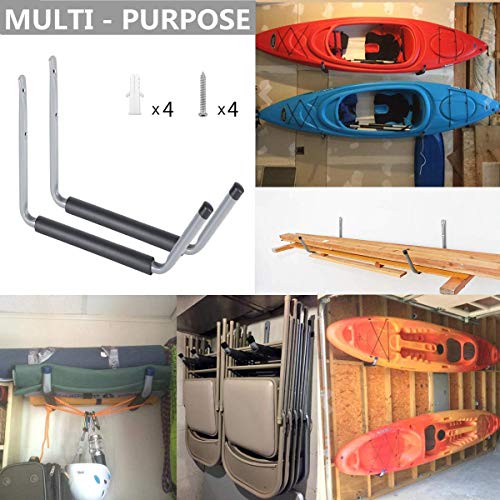 Heavy Duty Garage Indoor Kayak Storage Hooks Hanger, Wall Mounted Utility Hanging Cradle Rack for Canoe Paddleboard, Surfboard,Snowboard,Skiboard, Ladder, Chairs, Bicycle and Tools(2 Pack, Grey)