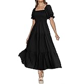 PRETTYGARDEN Women's Boho Floral Print Summer Dresses Square Neck Puff Sleeve A Line Long Dress Smocked Casual Maxi Dress