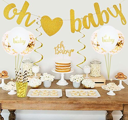 Baby Shower Decorations - Gender Reveal Birthday Party Supplies - 1 Banner, 5 Oh Baby & 5 Gold Confetti Balloons, 4 Cake Toppers, 12 Paper Straws & 6 Hanging Swirls - 33 Piece Set by Koali