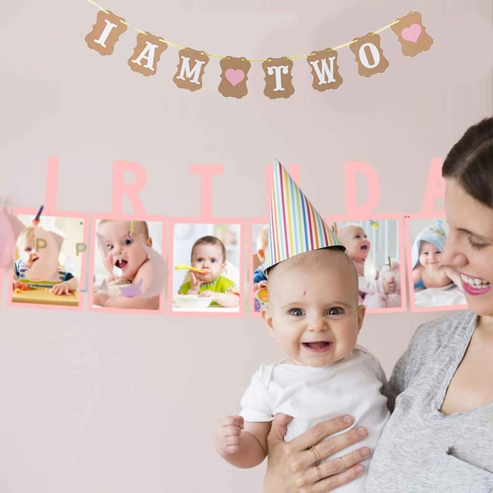 Dusenly Happy Birthday Photo Banner I AM TWO 2nd Birthday Party Bunting Banner Baby Birthday Set Baby Boy Girl Birthday Decoration Photo Prop Party Supplies (Pink) - Image 5