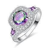 Psiroy 925 Sterling Silver Round Created Rainbow Topaz Filled Halo Anniversary Ring for Women
