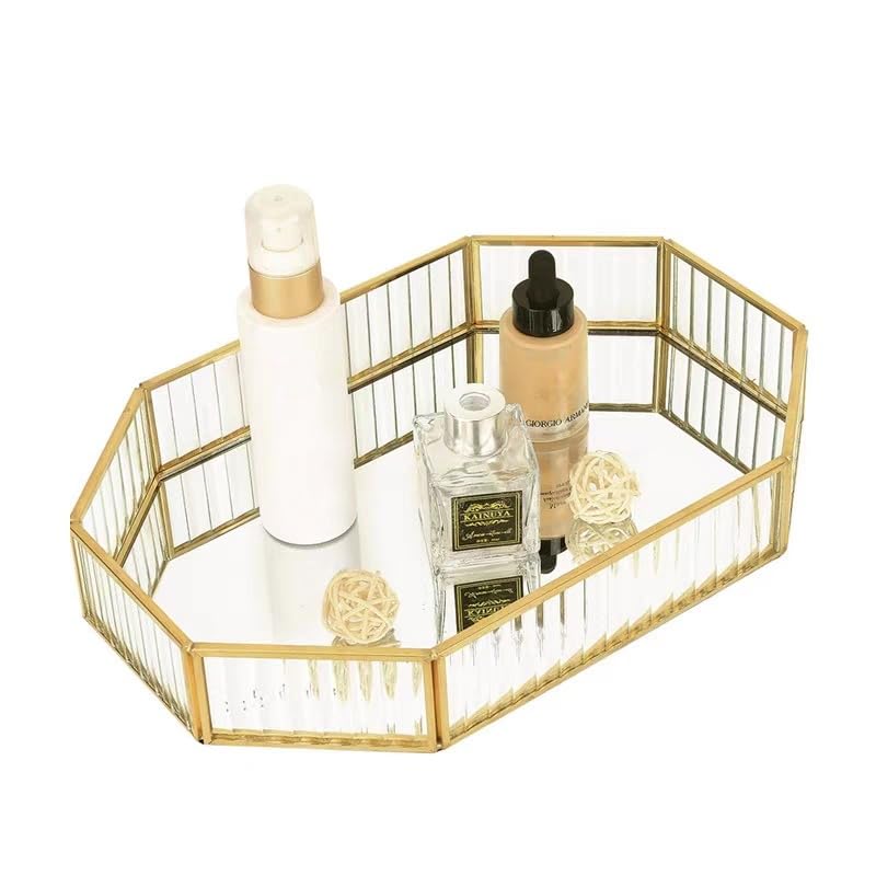 SLHEQING Mirror Tray Gold Vintage Perfume Tray Makeup Jewelry Organizer, Glass Vanity Tray Metal Polygon Tray