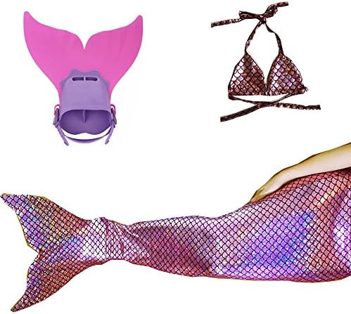 kuisen Tail + Bikini Top+ Monofin Sparkle Scale Swimmable Mermaid Kids Girls Cos Gift 001